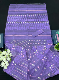 Deep Lavender Original Handloom Halfsilk Dhakai Jamdani Saree With Multiple Threads Work