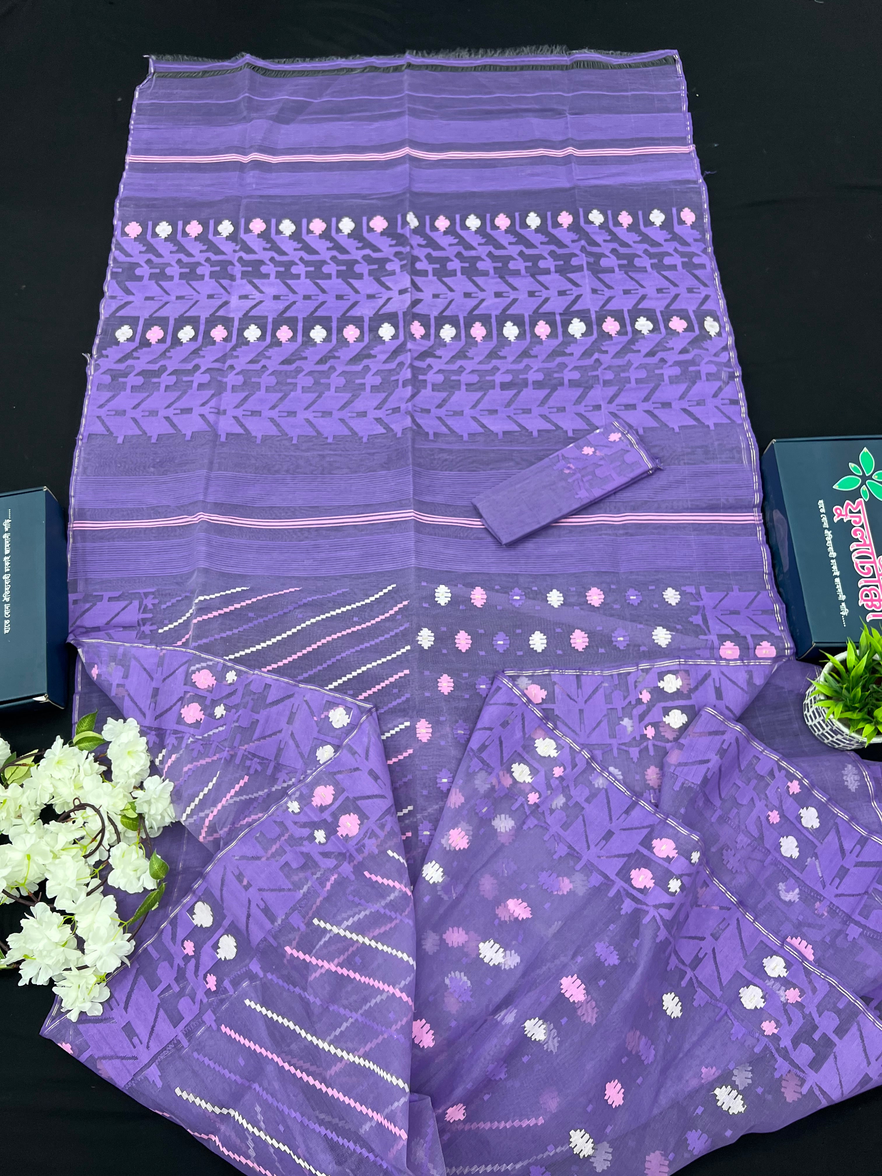 Deep Lavender Original Handloom Halfsilk Dhakai Jamdani Saree With Multiple Threads Work