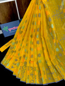 Yellow cotton jamdani saree with orange grey green blue colour threads work.