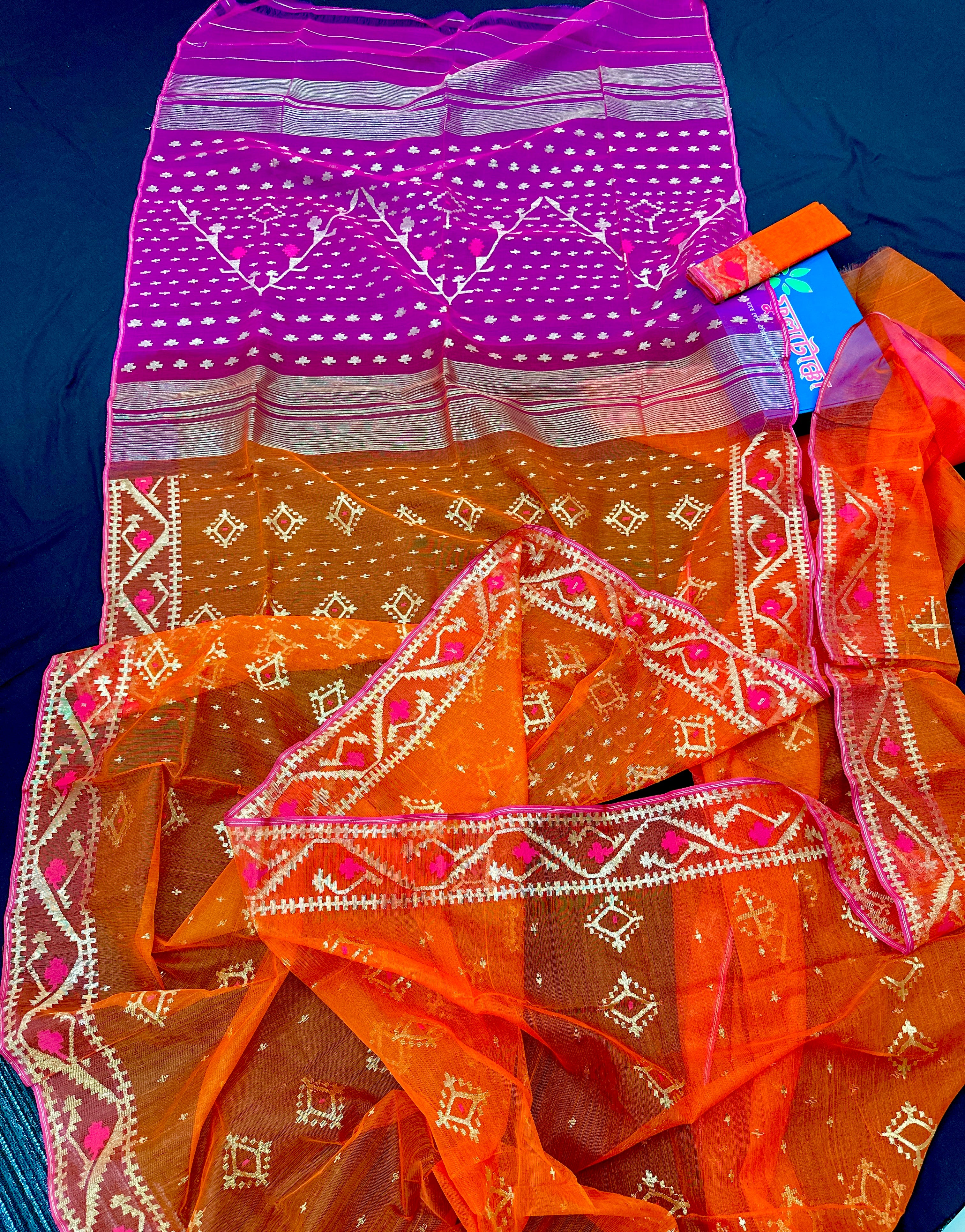 Jamdani Of Orange With Magenta Combination.