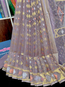 Lilac halfsilk jamdani saree with golden silver & copper jori work