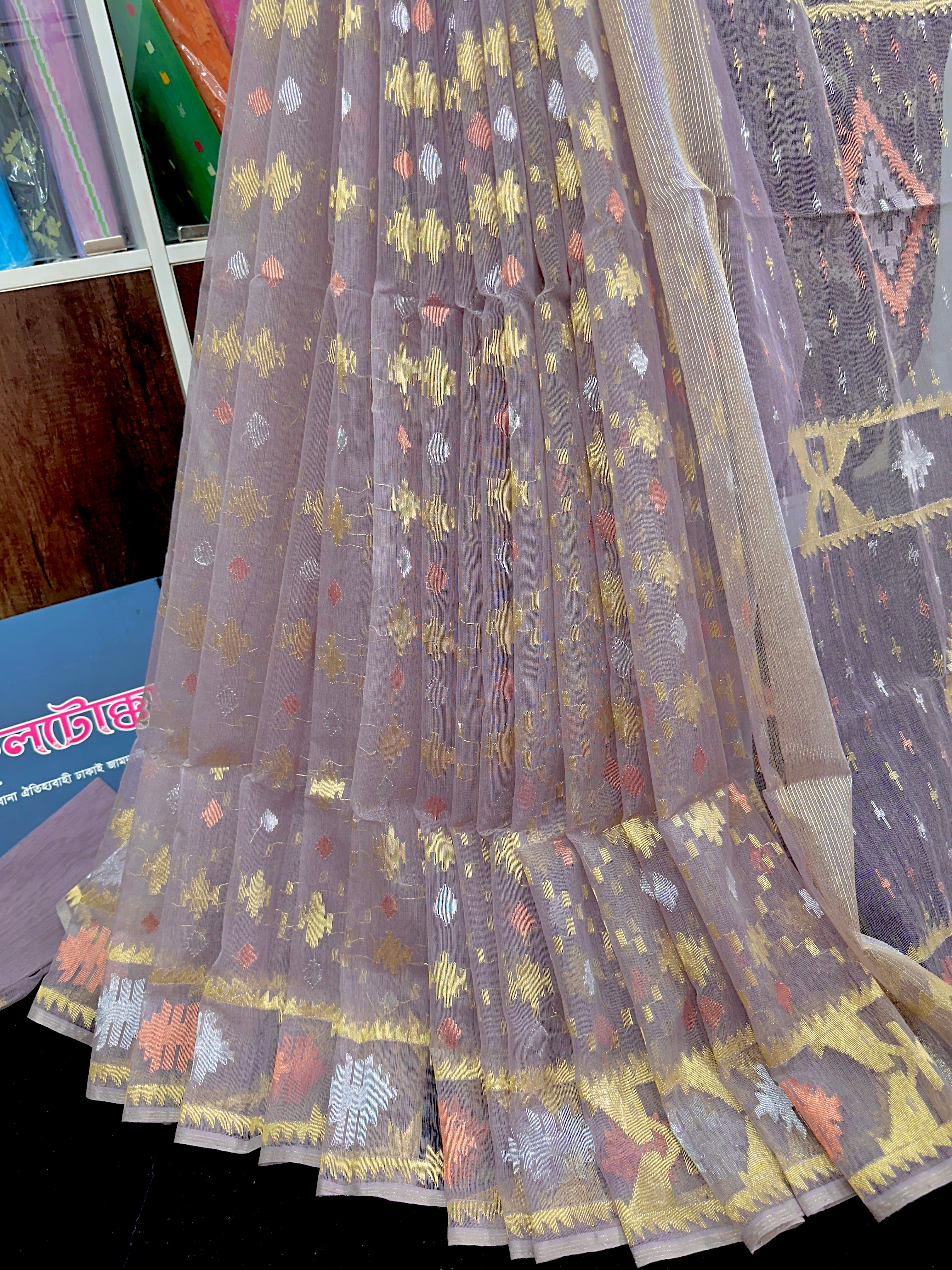 Lilac halfsilk jamdani saree with golden silver & copper jori work