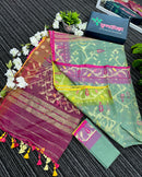 Green exclusive gonga jamuna paar halfsilk jamdani saree with golden jori work and pink meena work