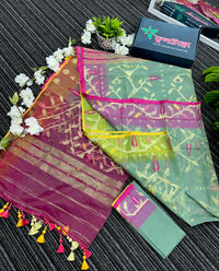 Green exclusive gonga jamuna paar halfsilk jamdani saree with golden jori work and pink meena work