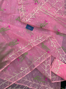 Rosy pink dhakai jamdani saree with golden jori work green thread work and pink flower soft count