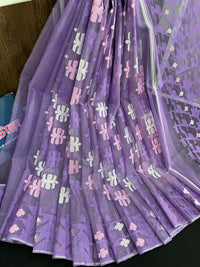 Sweet lavendar halfsilk jamdani saree with white pink lavender threads work