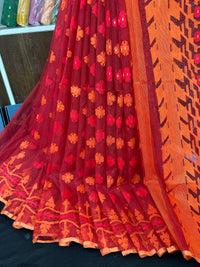 Maroon red jamdani saree with orange and red threads work