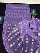 Lavender Jamdani Saree With White Pink Lavender Threads Work.