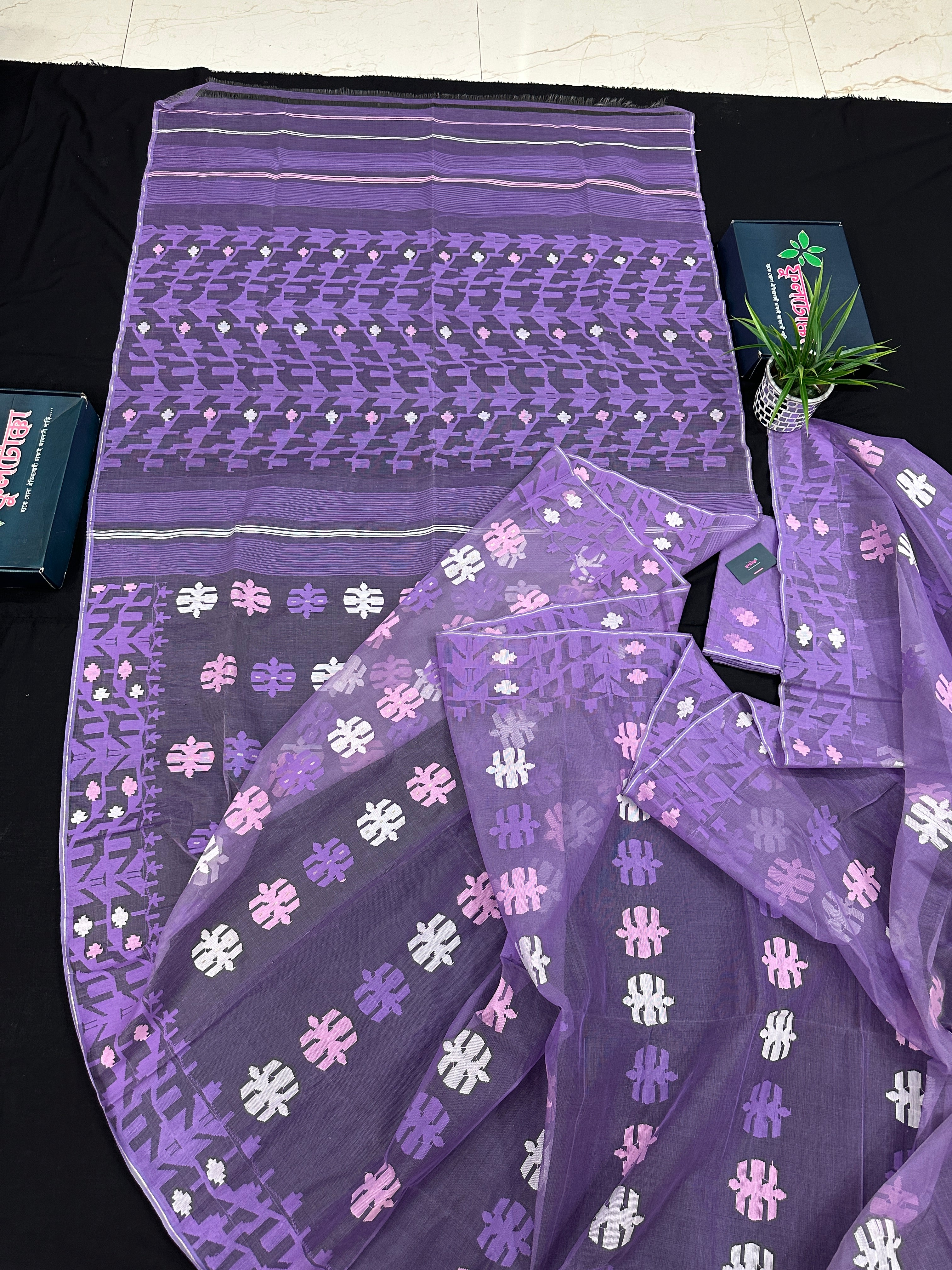 Lavender Jamdani Saree With White Pink Lavender Threads Work.
