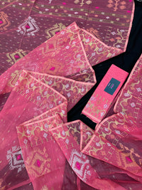 Peach pink jamdani saree with golden silver & copper jori work.