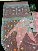 Pink jamdani saree with blue white yellow orange threads work and blouse piece.