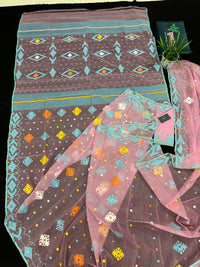 Pink jamdani saree with blue white yellow orange threads work and blouse piece.