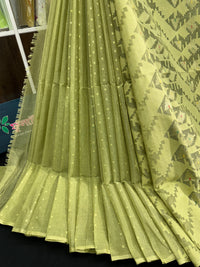 Olive jamdani saree with white threads work and self threads work