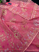 Peach pink jamdani saree with golden silver & copper jori work.