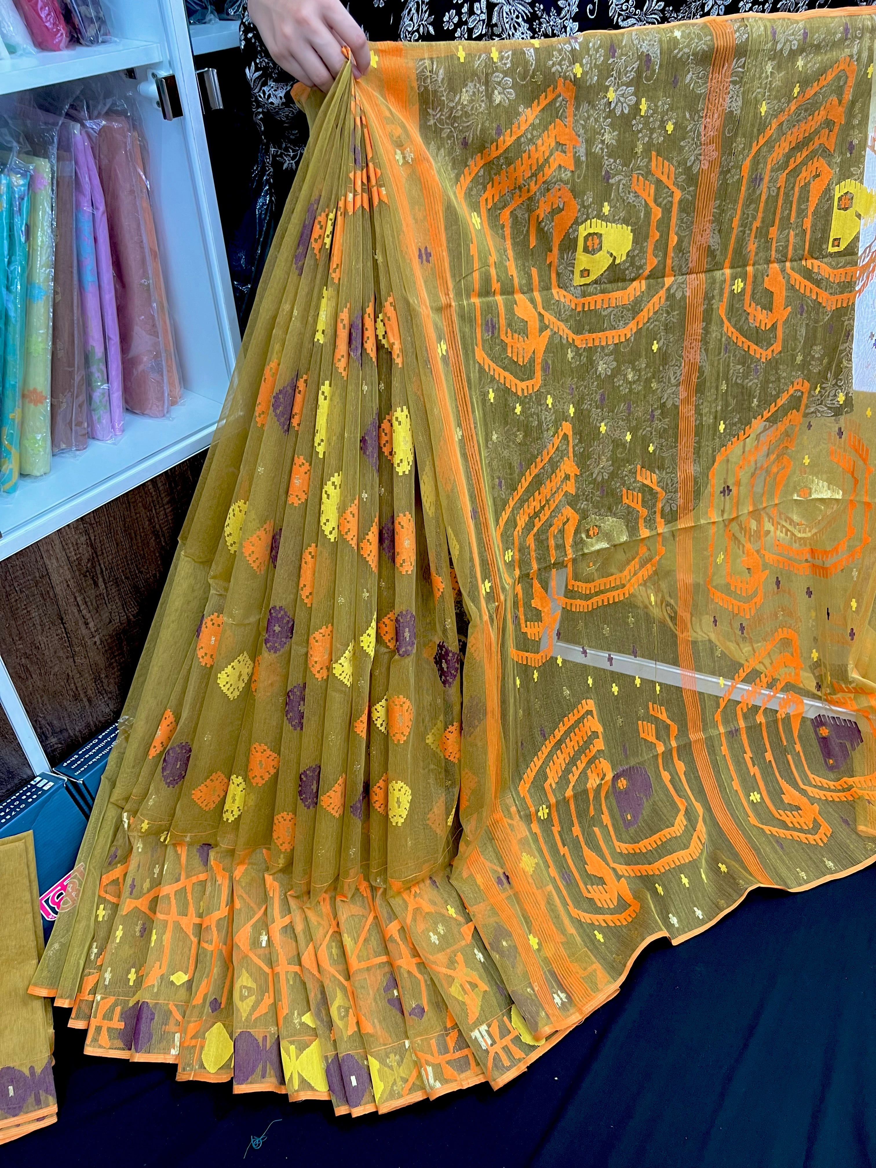 Olive exclusive halfsilk jamdani saree with yellow orange blue pink threads work
