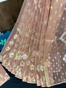 Nude mauve halfsilk jamdani saree with golden silver & copper jori work