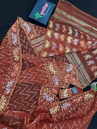 Brown reshom halfsilk jamdani saree with golden silver & copper jori work.