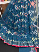 Blue Colour Original Handloom Halfsilk Dhakai Jamdani Saree With Golden Silver & Copper Jori Work