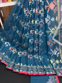 Blue Colour Original Handloom Halfsilk Dhakai Jamdani Saree With Golden Silver & Copper Jori Work