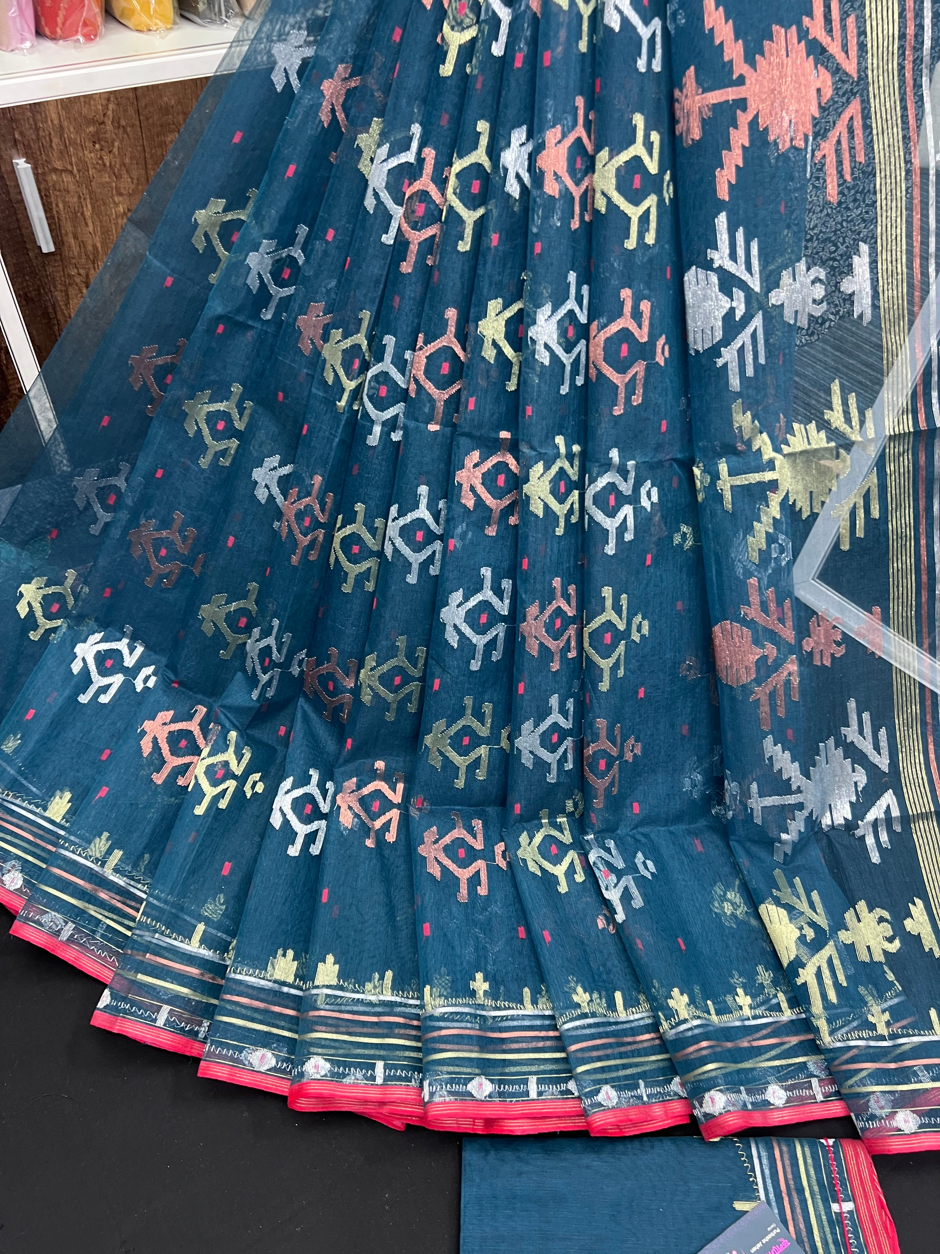 Blue Colour Original Handloom Halfsilk Dhakai Jamdani Saree With Golden Silver & Copper Jori Work