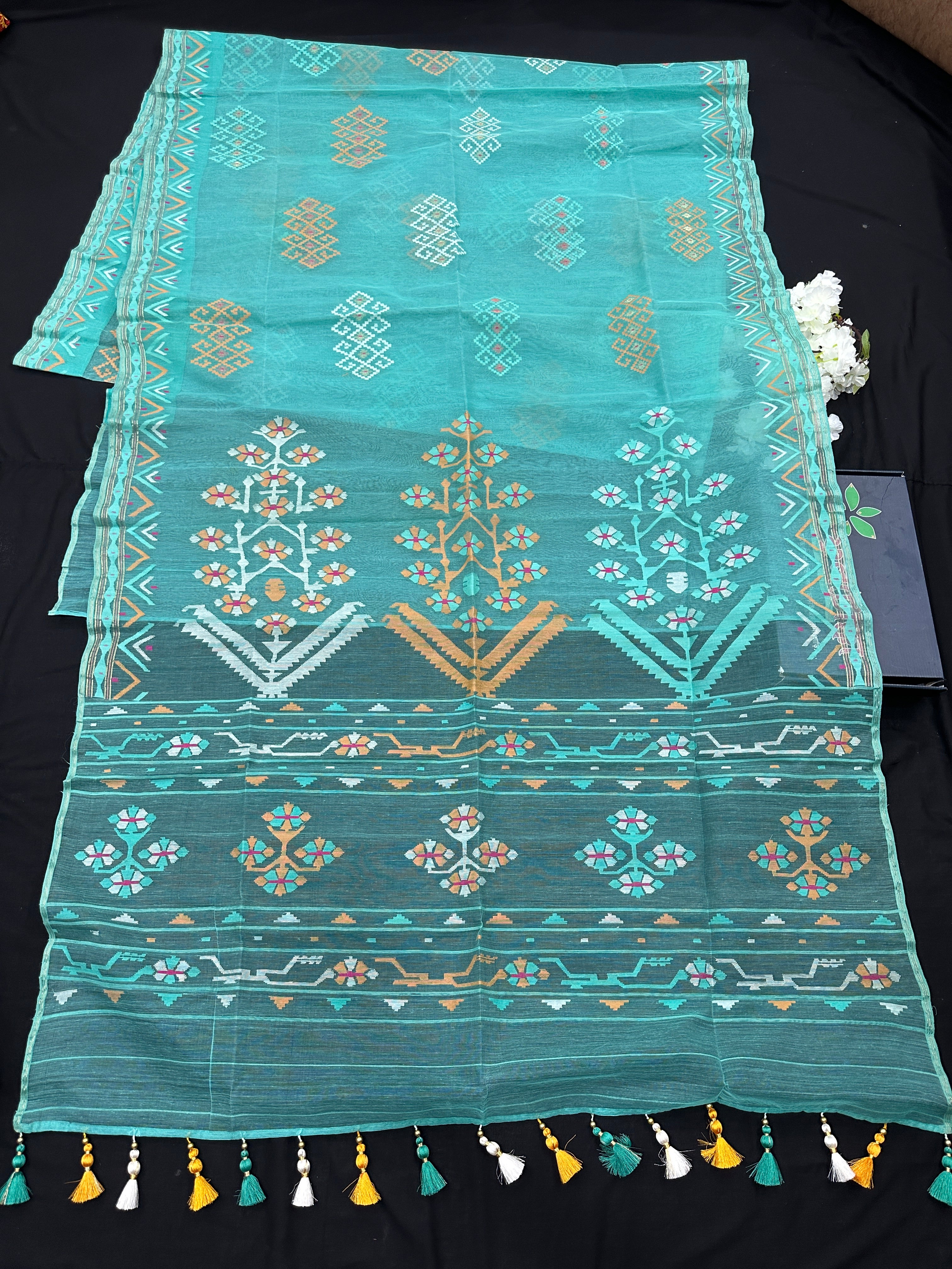 Ice blue exclusive halfsilk jamdani saree all over threads work