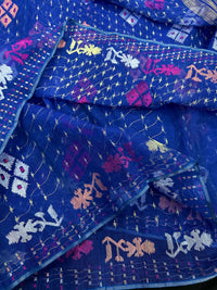 Blue jamdani saree with golden silver & copper jori work also pink jori work