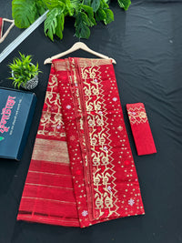 Red semi bridal halfsilk jamdani saree with all over golden jori work