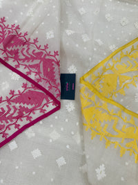 White cotton gonga jamuna design jamdani saree with pink & yellow threads work.