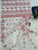White cotton jamdani saree with multiple colour threads work and blouse piece.