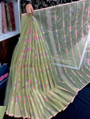 Lite olive halfsilk jamdani saree with pink blue olive threads work
