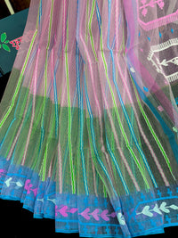 Green with pink Tripple shaded halfsilk jamdani sari with blouse piece.