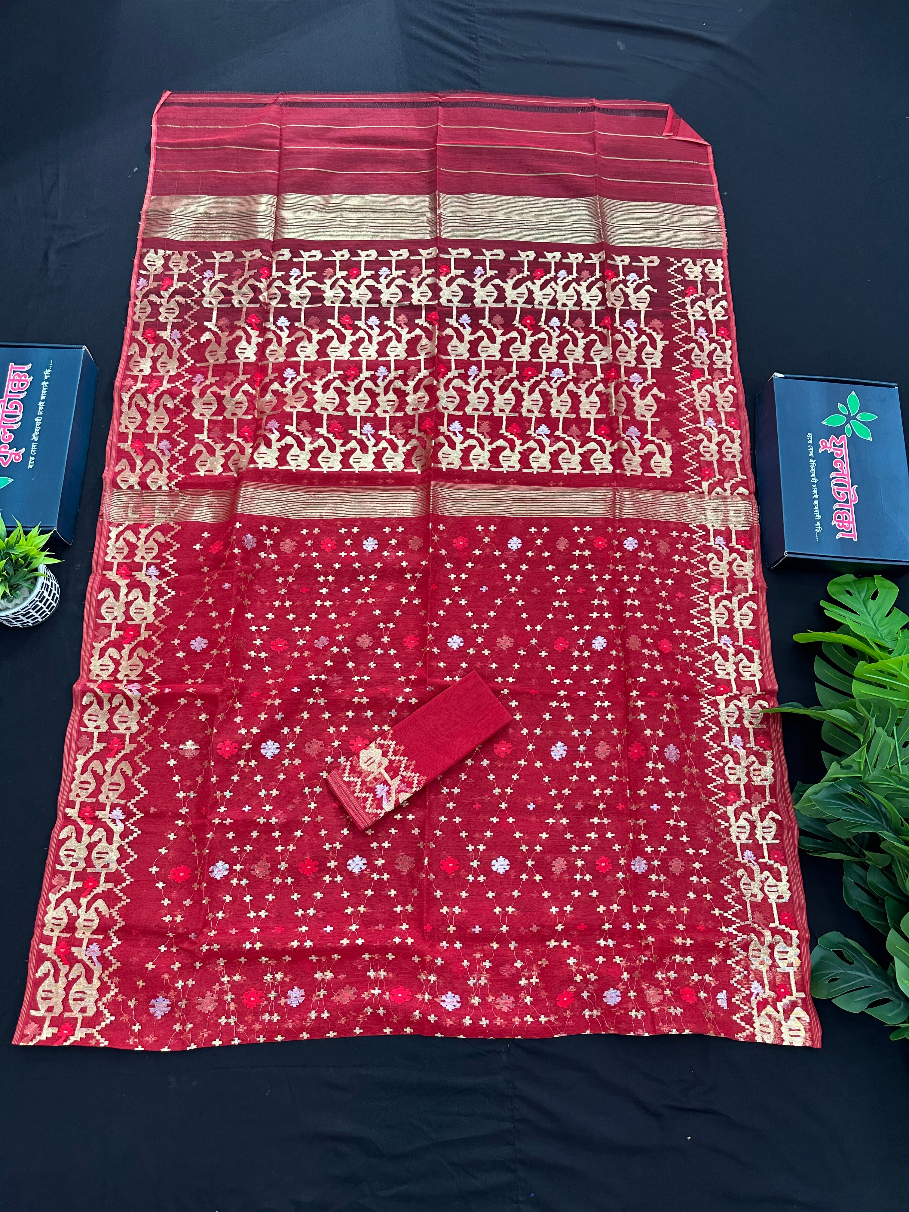 Red semi bridal halfsilk jamdani saree with all over golden jori work