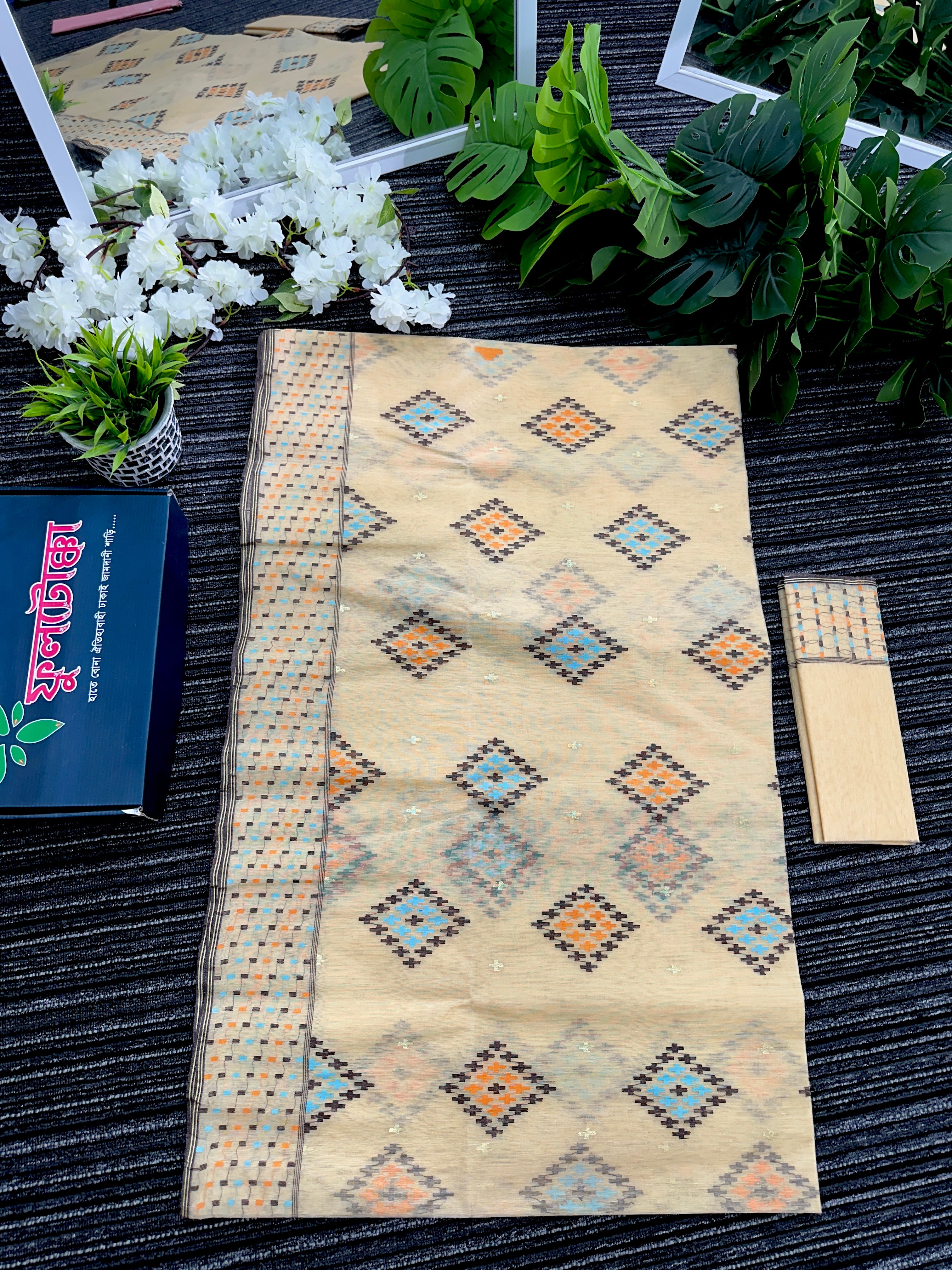 Beige Golden halfsilk jamdani saree with black orange blue threads work