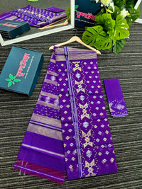 Purple dual toned jamdani saree with golden silver & copper jori work