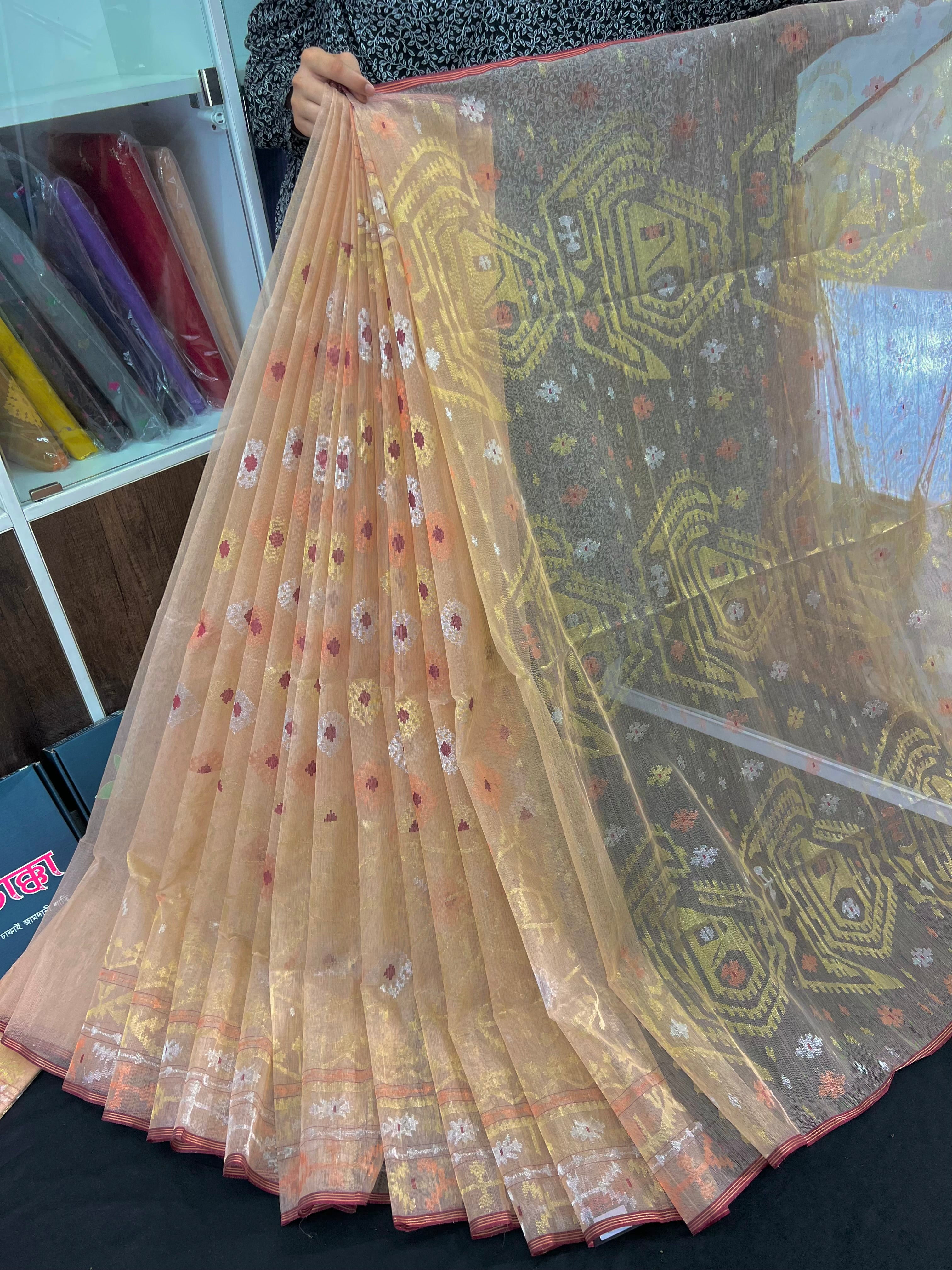 Peach Golden halfsilk exclusive jamdani saree with golden silver & copper jori work