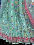 Mint cotton jamdani saree with yellow blue purple red white floral work.