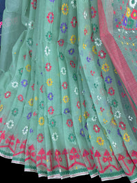 Mint cotton jamdani saree with yellow blue purple red white floral work.