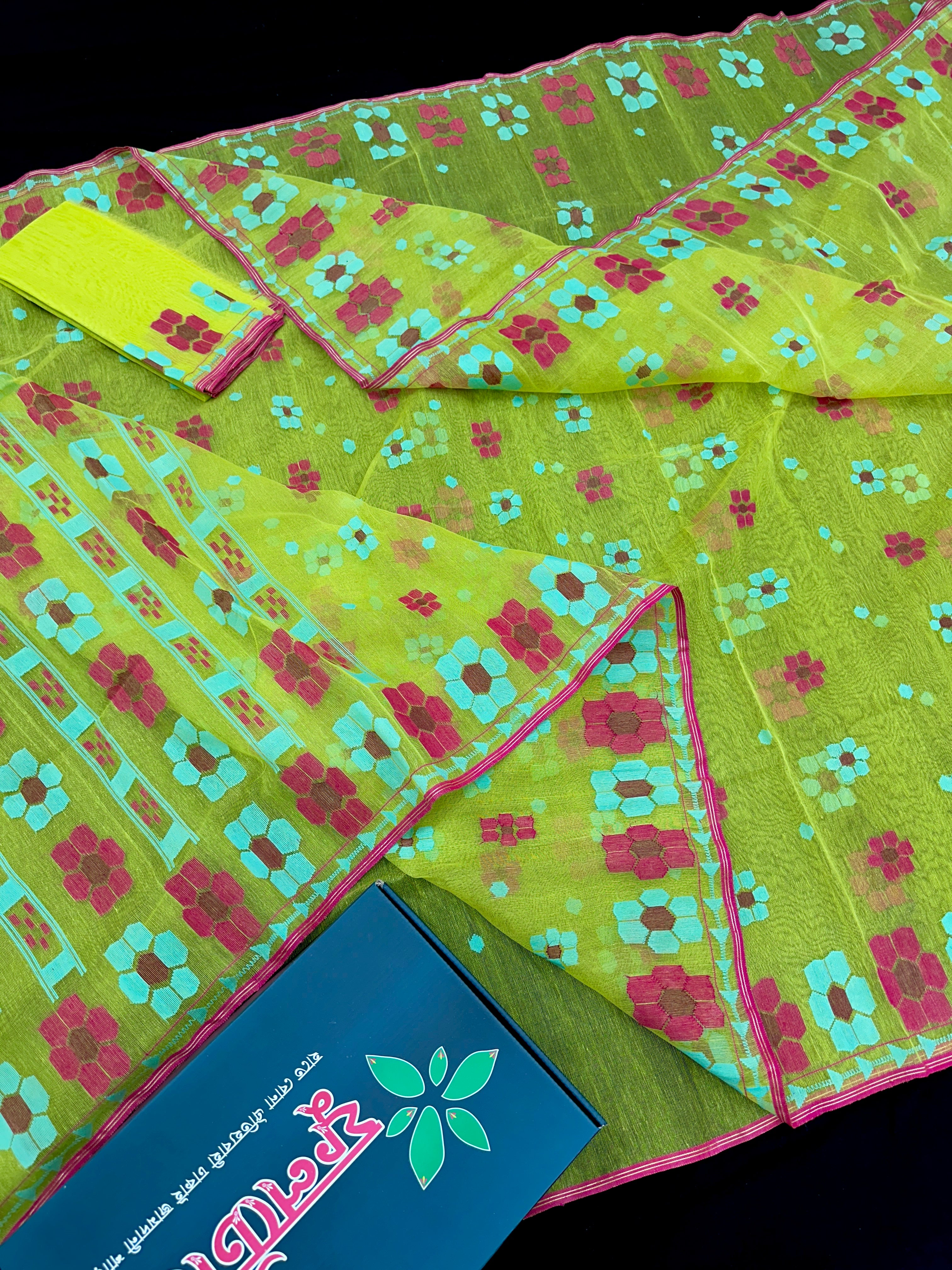 Bright Yellow jamdani saree With Multi Colour.