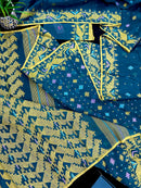 Peacock blue cotton jamdani saree with yellow threads work all over soft count