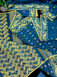 Peacock blue cotton jamdani saree with yellow threads work all over soft count