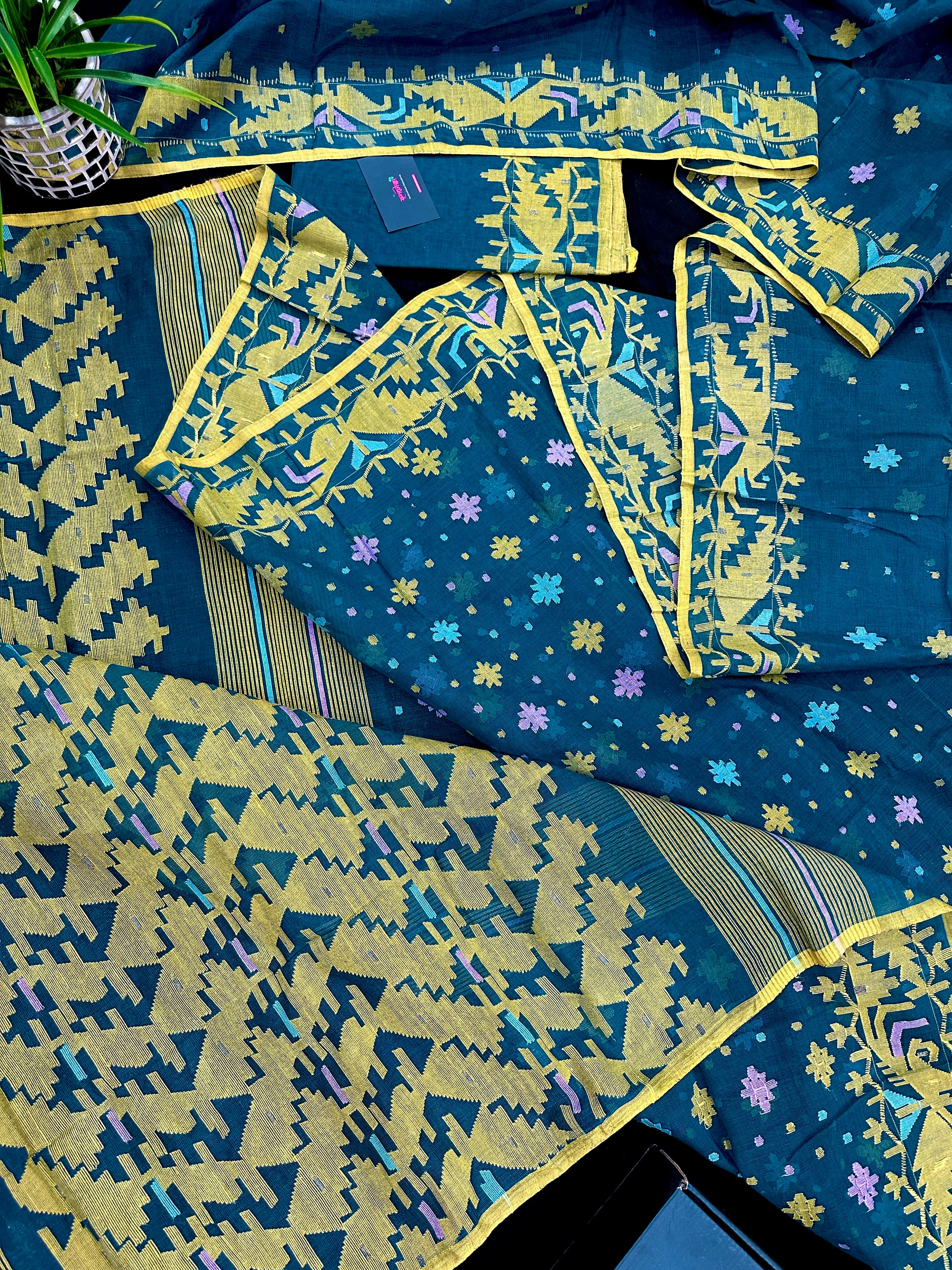 Peacock blue cotton jamdani saree with yellow threads work all over soft count