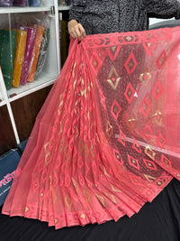 Georgia peach halfsilk jamdani saree with self threads work and golden jori work