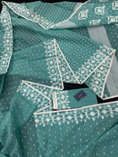 Mint cotton jamdani saree with white threads work all over work and blouse piece.