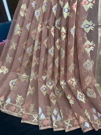 Nude mauve halfsilk jamdani saree with golden silver & copper jori work