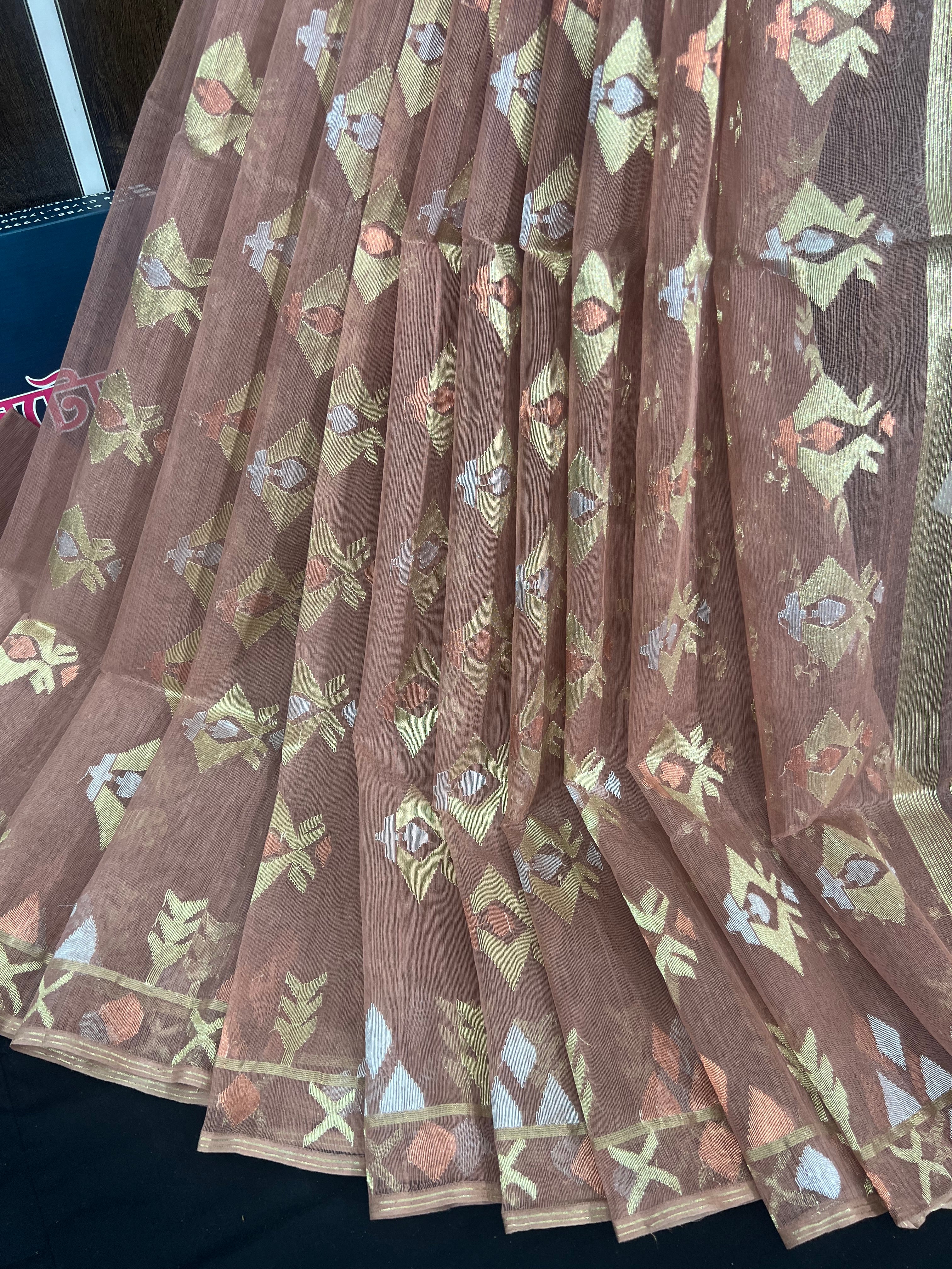 Nude mauve halfsilk jamdani saree with golden silver & copper jori work