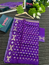 Purple dual toned jamdani saree with golden silver & copper jori work