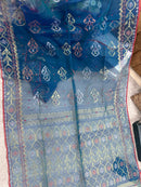 Peacock blue handloom original dhakai Jamdani saree with golden silver & copper jori wori work
