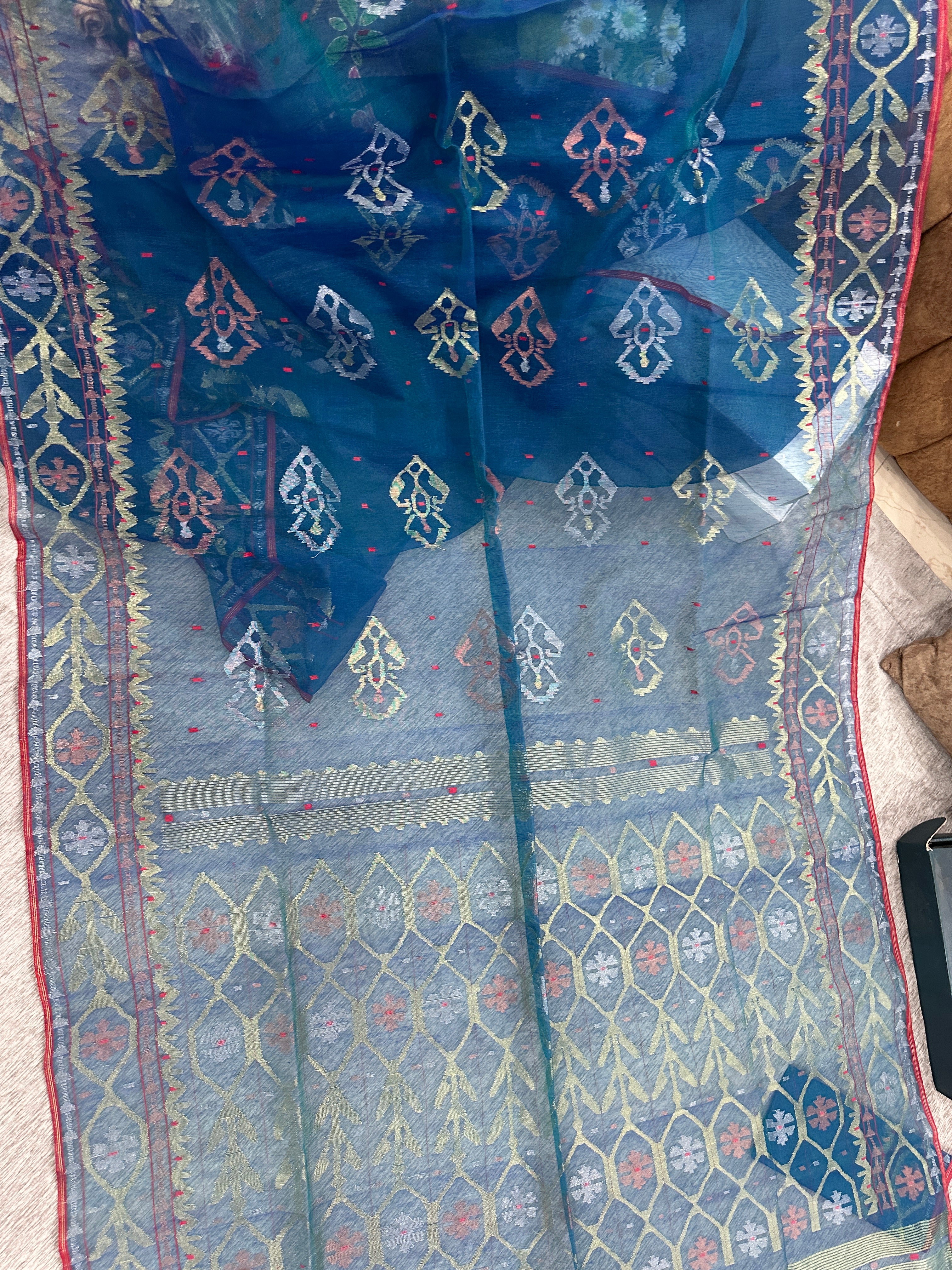 Peacock blue handloom original dhakai Jamdani saree with golden silver & copper jori wori work