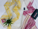 White cotton gonga jamuna design jamdani saree with pink & yellow threads work.