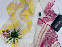 White cotton gonga jamuna design jamdani saree with pink & yellow threads work.